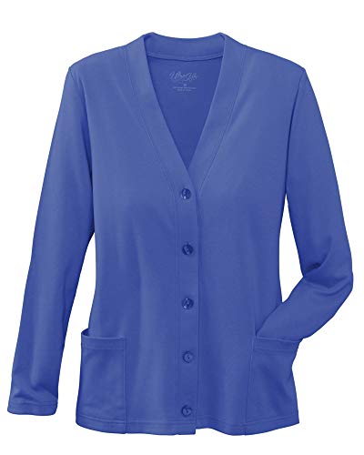UltraSofts Petites Button-Front Knit Cardigan - Timeless Sweater, Long Sleeves Patch Pockets, UPF 50+ Excellent Skin Protection, Marine, Medium Petite