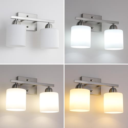Image of Mecgirn Stainless Steel Milk Glass Vanity Lights for Bathroom, 2 Light Brushed Nickel Bathroom Light Fixtures Over Mirror, Ceramic E26 Sockets Wall Mounted