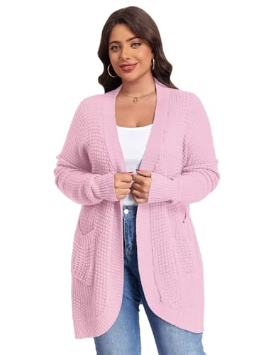Image of LARACE Long Cardigans for Women Plus Size Tops Open Front Sweaters with Pockets Waffle Ribbed Sleeve Loose Fall Outwear