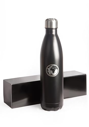 OKEISY/Botella de agua de acero inoxidable color negro mate, botella térmica 750ml, botella agua fría 24h, botella gimnasio, botella deporte, botella senderismo, botella libre BPA.