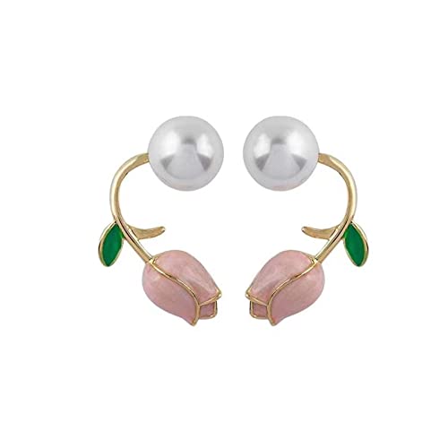Boucles d'oreilles perles et tulipe rose au design d'orfèvre