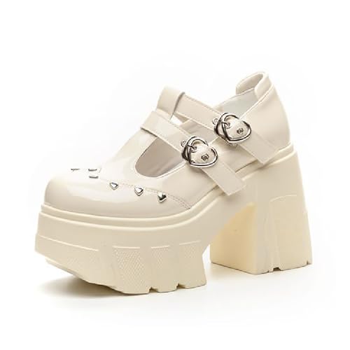 Women's Patent Leather Platform Mary Janes Pumps with Adjust Love Buckle Strap Fashion Comfort Round Toe Chunky High Heels Uniform Lolita Dress Shoes for Party Prom Date Wedding