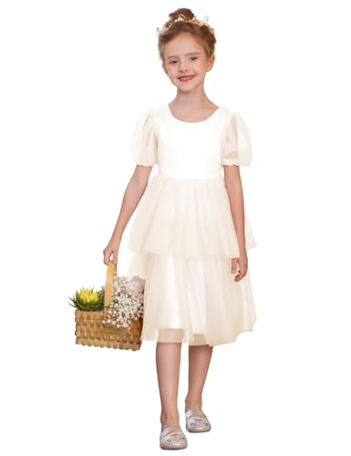 Girls Puff Short Sleeves Satin Tulle Flower Girl Dresses for Wedding Party Crewneck Layers Pageant Birthday Midi Dress