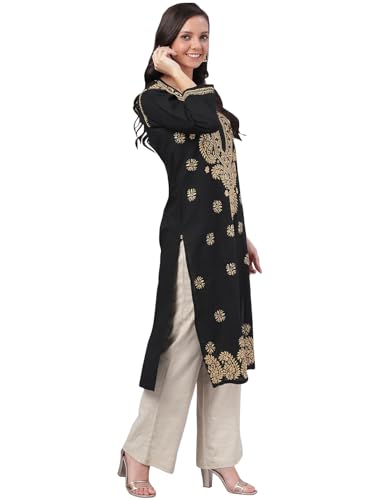 Image of Ada Hand Embroidered Chikankari Black Cotton Kurta for Women A207632 (5XL) | Women's handcrafted ethnic wear Chikan Embriodery casual office work wear Straight pure cotton handmade kurti tunic