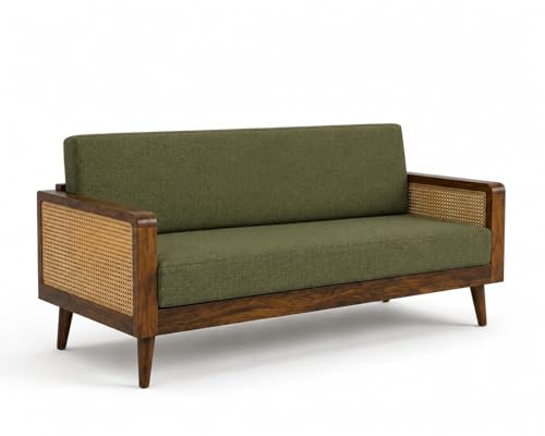 Image of Sainistree Furniture | Solid Sheesham Wood Rattan Armchair | Teak Brown Finish, Cane Back & Geen Upholstery | Mid-Century Modern Accent Chair for Living /Dining Room (2 Seater Sofa, Green Upholystry)