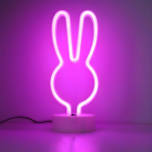 ENUOLI Decorative Rabbit Neon Sign Light Pink Led Cute Animal Neon Marquee Light with Base Art Wall Decor for Baby Room Child Party Christmas Party Table Art Decoration Best Gifts for Kids