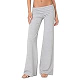 FOMOYUU Lounge Yoga Pants for Women Fold Over Low Waist Wide Leg Sweatpants Flare Leggings Bell Bottoms Y2K Foldover Pants (Gray, M)