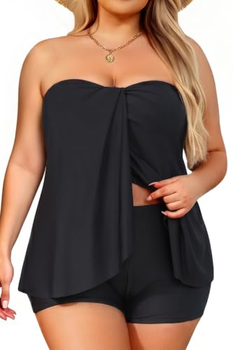 Image of Daci Plus Size Bandeau Tankini Swimsuit for Women 2 Piece Halter Swim Top with Shorts Tummy Control Bathing Suits