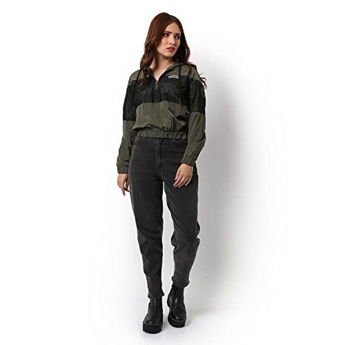 Image of Campus Sutra Women Olive Green & Black Puffer Regular Fit Bomber Jacket For Winter Wear | Standing Collar | Full Sleeve | Zipper | Casual Jacket For Woman & Girl | Western Stylish Jacket For Women
