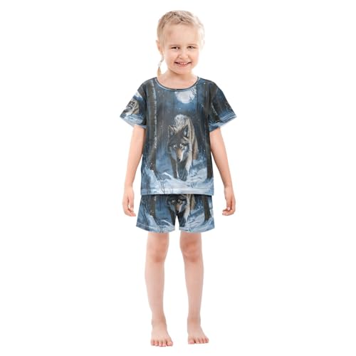 ALAZA Wolf Moon Night Pajamas Set Short Sleeve Cotton Sleepwear Summer Pjs 2 Piece 5-14Y3