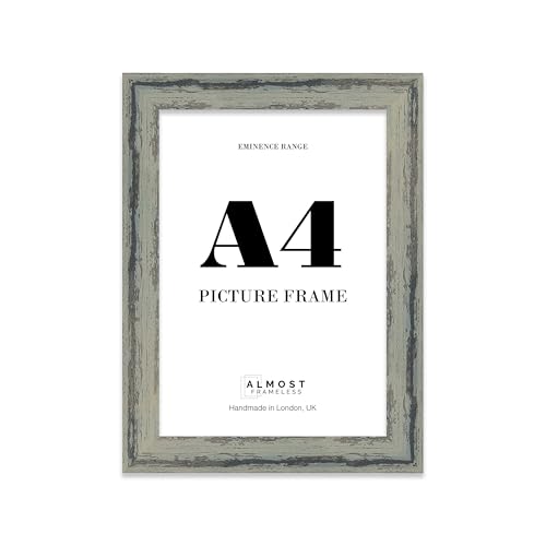 Image of A4 Distressed Green Picture Frame - Rustic Wood Industrial Effect Photo Frame for Wall Display, Ideal for Posters, Prints & Home Décor, Wall Hooks and Kickstand, 32mm Edge - 1 Pack
