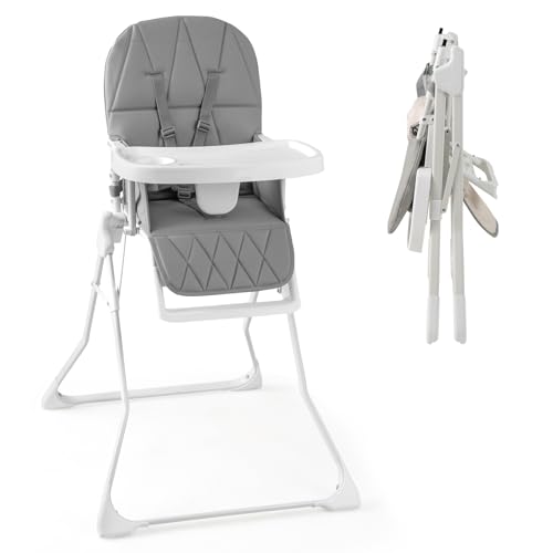 HONEY JOY High Chair, Foldable Baby Feeding Chair, Adjustable Tray & Footrest, Removable Easy-to-Clean PU Seat Cushion, 5-Point Harness, Cup Holder, Highchairs for Babies and Toddlers (Gray)