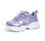 LUCKY STEP Kids Chunky Sneakers Fashion Platform Walking Tennis Shoe Sparkly Butterfly Faux Leather Elastic No-tie Laces School Shoes for Girls Boys(Purple,Little Kid 3)