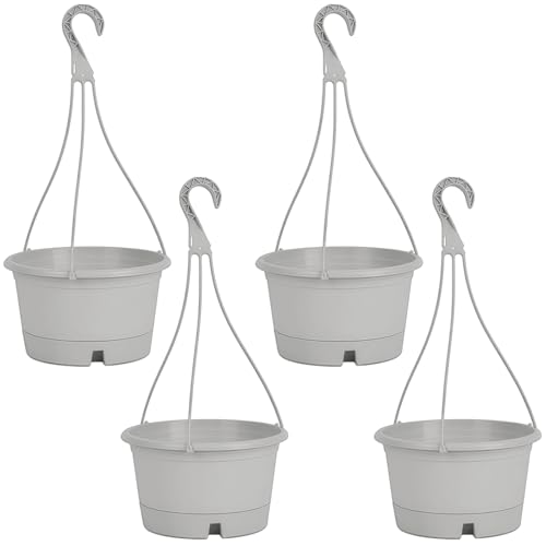 yeeplant 4 macetas colgantes grandes de plástico para patio con ganchos y bandejas de drenaje, decoración ideal para interiores y exteriores para balcones y jardines