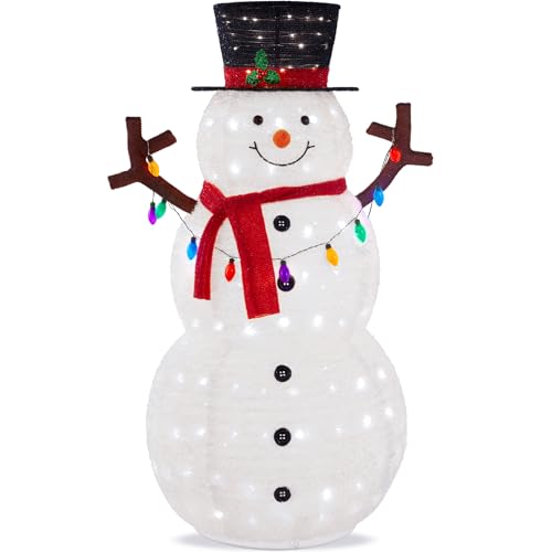 Best Choice Products 3ft Lighted Pop-Up Snowman Large White Outdoor Christmas Holiday Decoration w/ 100 LED Lights Hat Scarf Multicolored Lights