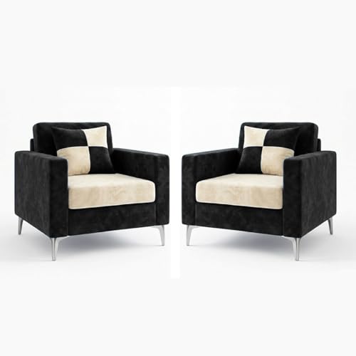 Image of FURNY Lushwood 3 Seater + 1 Seater + 1 Seater Sofa Set (Cream-Black) | Premium Suede Velvet Fabric Finish | Silver Metal Legs | Durable Comfort Sofa for Modern Living Room & Office Spaces