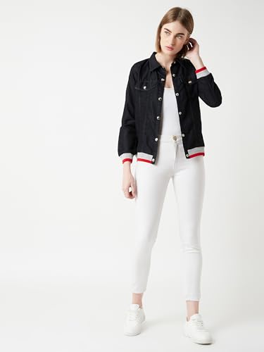 Image of Miss Chase Women's Polo Neck Full Sleeves Patch Pocket Denim Overcoat Knee-Length Jacket