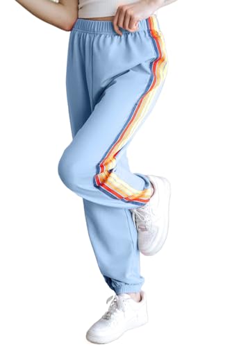 Women's Pink High Waist Sweatpants with Playful Rainbow Stripes