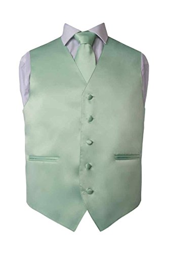 Men's Premium Solid Vest - NeckTie – Bow Tie - Pocket Square 4 Piece Set for Suits & Tuxedos (Laurel Green, Large)