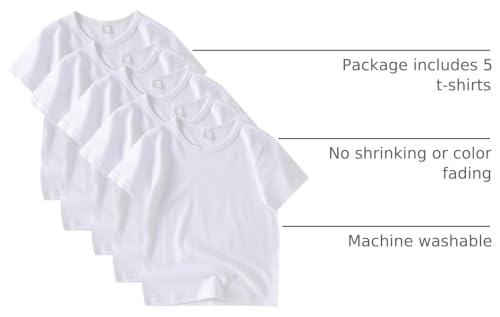 Image of 5 Pack Kids T-Shirt Cotton Tee Shirts for Boys and Girls Toddler Tops | Soft cotton tee for unisex, crew neck, mix with shorts and jeans, basic for everyday wear,suitable for 2-14years