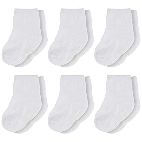 HELN Crew Grip Socks Anti Slip Non Skid?Athletic Cushion Sock for Baby Infant Newborn Kids Boys Girls 6/12 Pairs, 6 Pairs-white, 18-36 Months