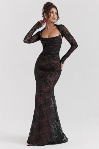 Image of Women Vintage Cream Lace Maxi Dress Romantic Long Sleevees Lace Bodycon Dress