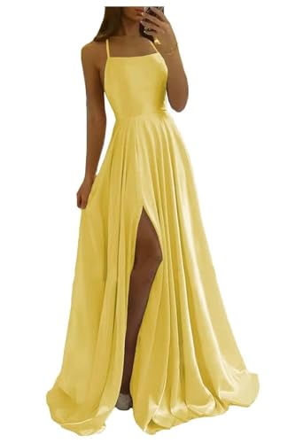 Image of Women Long Formal Dress Solid Satin Spaghetti Straps A Line Evening Cocktail Dresses with Slit