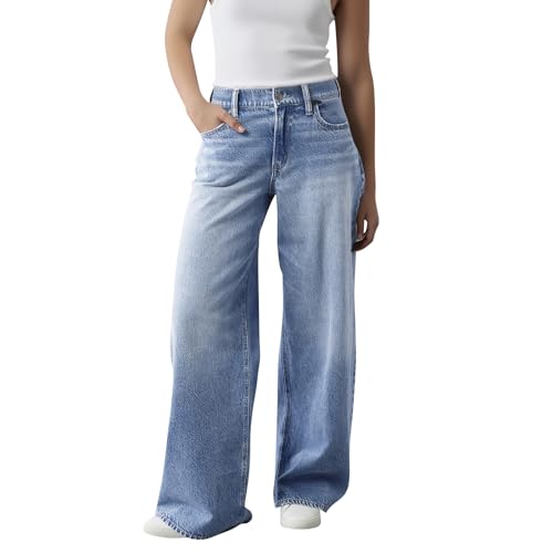 Wide Leg Jeans Woman Baggy Straight Leg Mid Rise Jeans Cute Distressed Stretchy Boyfriend Work Jean with Pockets