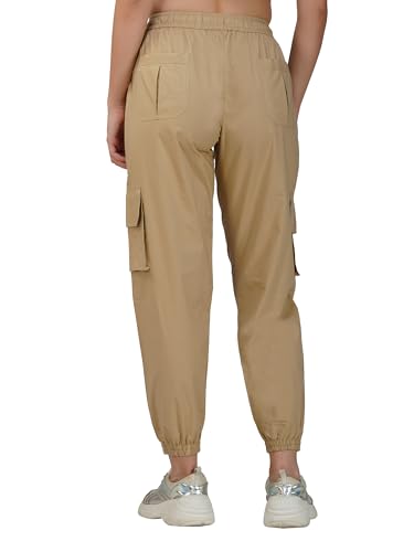 Image of fabcoast Multi-Pocket Cargo Cotton Poplin Jogger Pants for Women Summer Wear Full Elastic with Drawstring and 2 Side Pockets, 2 Back Pockets and 2 Leg Pockets