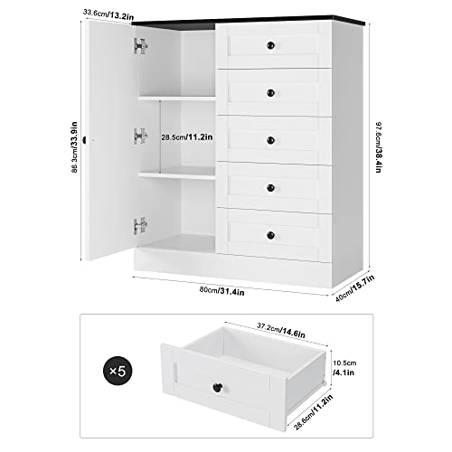 Hostack 5 Drawer Dresser With Door, White Storage Cabinet With Drawers And Shelves, Modern Chest Of Drawers Closet Organizers For Bedroom, Living Room, Kitchen, Hallway, White/Black #TOP2