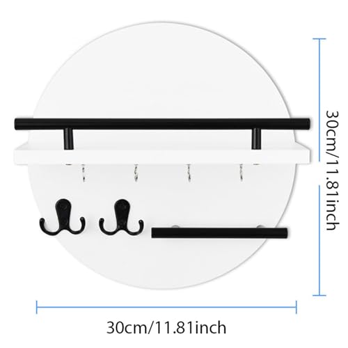 Cuelgajaves de pared circular de 30 cm con estante flotante y ganchos para llaves 3