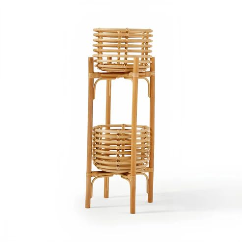 Image of IRA Furniture Eco-Friendly Handwoven Rattan Planter with Bamboo Stand - Ribbed Design Indoor Plant Pot Holder - Minimalist Boho Flower Stand for Home, Living Room & Balcony Decor