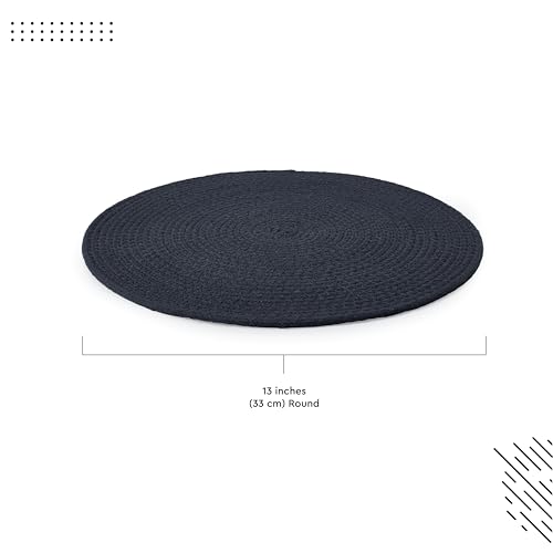 Image of Dining Table Mats Set of 4 | Cotton Table Mat 32 cm Diameter, Encasa XO Washable Round Table Mats, Heat Resistance Dining Table Placemats, Handmade Ribbed Style for Centre Table, Dark Blue