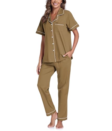 Image of CF Womens 100% Cotton Pajamas Set Button Down Pjs Sets Short Sleeve Top & Long Pants Sleepwear Comfy Loungewear with Pockets