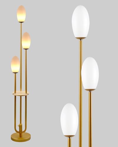 Lightdot Gold Floor Lamp with Table, Tall Standing Lamps with 3-Oval Lampshades Bulbs Included, Mid Century Modern Floor Lamp with 5Lbs Heavy Base for Living Room/Sofa Beside/Corner Decor