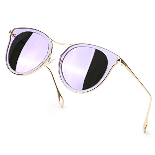 TJUTR Lunettes de soleil surdimensionnées pour femme, effet œil de chat, verres polarisés, anti-reflet, protection UV , branches métalliques, Monture violette A4 et verre miroir violet Cover