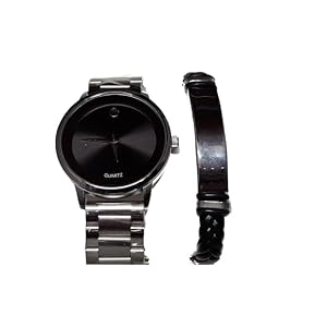 Mr. Gadget’s Solutions Two-Piece Watch and Bracelet Set, Men’s Quartz Watch with Stainless Steel and Leather Bracelet, Two Tone Wristwatch and Leather Band Gift Set for Him