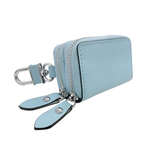 Image of BDZMC Car Key Case, Genuine Leather Car Keychain Holder, 2 Sides Pocket Car Key Fob Zipper Bag, Car Key Case for Women Men(Light Blue)