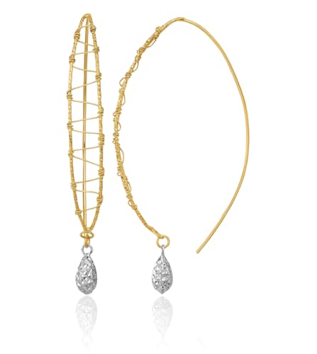 14K Solid Two Tone Gold Wire Wrapped Drop Dangle Earrings