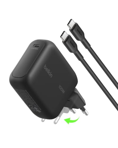 Belkin BoostCharge Chargeur Secteur GaN USB-C 100 W, Chargeur Compact Et Pliable, Recharge Rapide, pour iPhone 17, Samsung Galaxy S26, Pixel 10, Tablette, MacBook, Câble USB-C 1,5 m Fourni - Noir