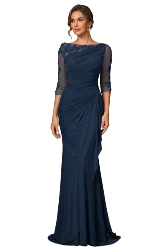 Navy Blue Mother of The Bride Dresses with Sleeves Mermaid