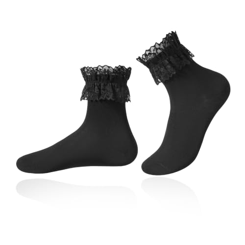 Meameii Black Lace Ruffle Socks Elegant Frilly Ankle Socks Coquette Ruffled Sock Soft Cotton Sock for Everyday Outfits Style