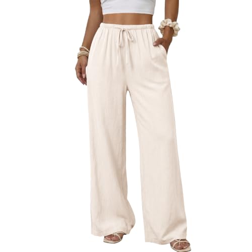 Image of Duyang Womens Cotton Linen Palazzo Pants Drawstring Elastic Waist Casual Wide Leg Trousers with Pockets