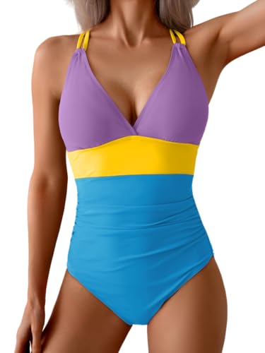 Image of Aidonger Women's One Piece Color Block Swimsuit Tummy Control Slimming Bathing Suit V Neck Cutout High Waisted Swimwear