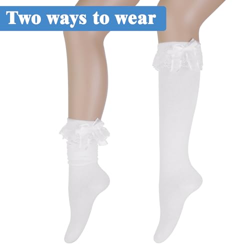 Lace Knee High Socks Cute White Knee High Socks For Women Girl with Lace Ruffle Trim and Bow-knot Soft Princess Loli Sock for Loli Clothing Accessories4