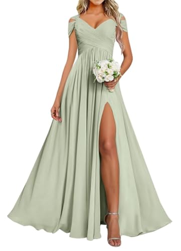 Robes de demoiselle d'honneur à bretelles spaghetti pour femmes avec fente en mousseline de soie, robes de cocktail, robes de bal, grande taille, vert sauge,...