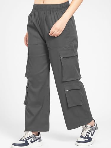 Image of ADDYVERO Elastic Cotton Solid Non-Stretchable Regular Fit Full Length Women six Pockets Cargo Pant (Grey, 28)