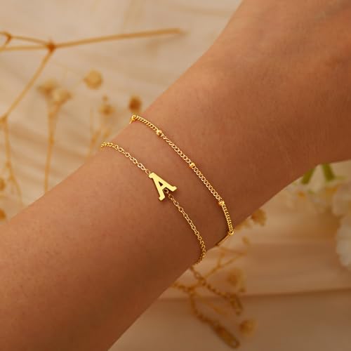 BAYLAY Gold Initial Bracelet for Women Trendy Jewelry - 18K Gold Plated Layered Letter Bracelet Dainty Gold Initial Charm Bracelet for Women Jewelry Gifts4