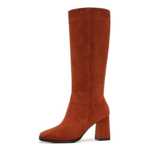 Image of Knee High Boots for Women - Wide Calf Boots with Zipper, Square Toe Tall Leather Boots, Chunky Heel Fashion Long Boots
