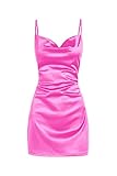 ZAFUL Women's Satin Sleeveless Spaghetti Strap Mini Dress Sexy Slip Cowl Neck Silky Cocktail Party Dresses(Hot Pink-F, XS)